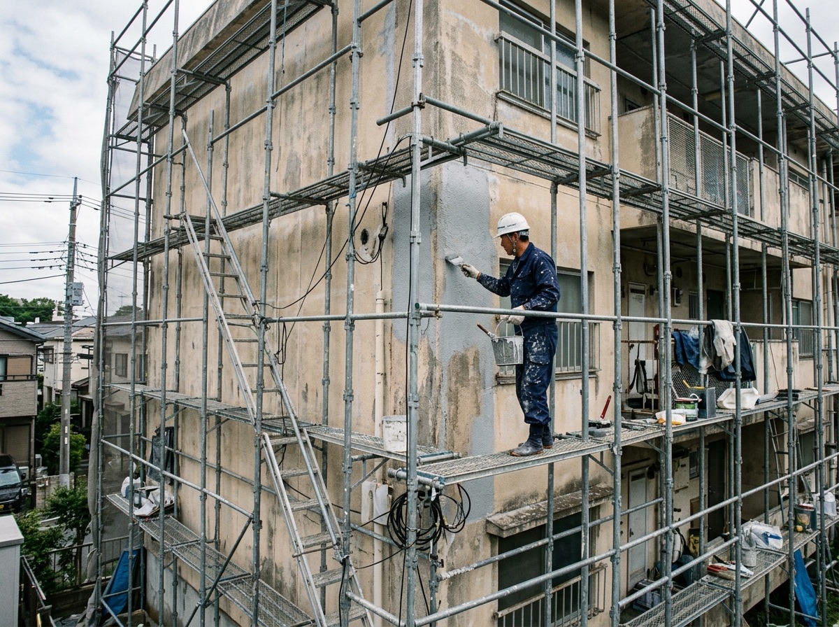 外壁塗装の現場で足場に立ち作業する職人（イメージ）
